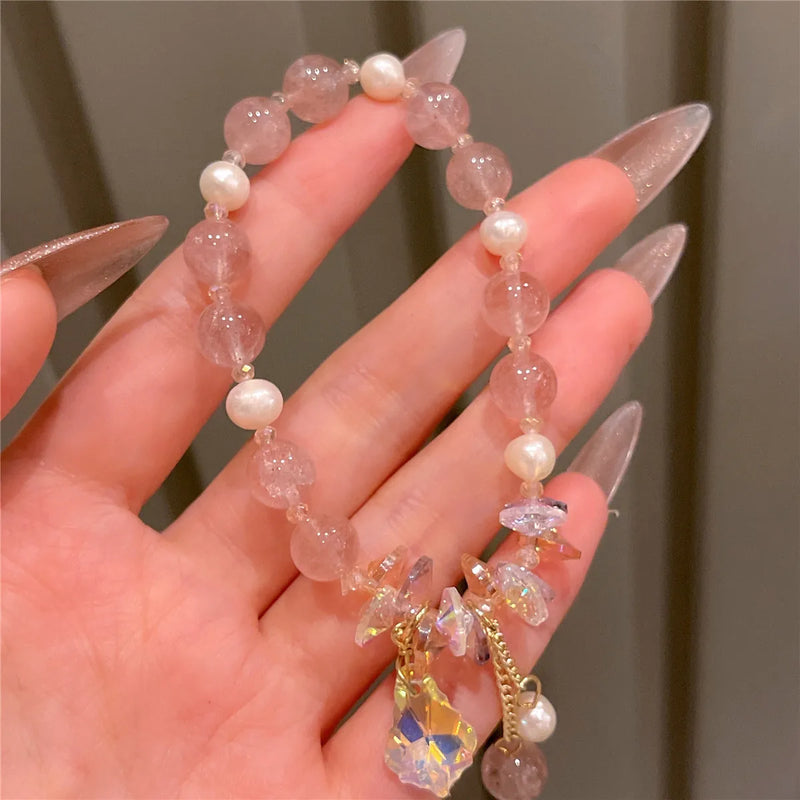 Romantic Pink Crystal Beaded Bracelet for Women Hand Chain Bracelets