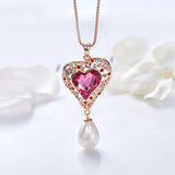 Pink Crystal Heart Pearl Necklace Rose Plated Pendant