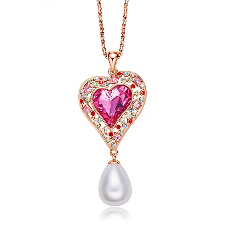 Pink Crystal Heart Pearl Necklace Rose Plated Pendant