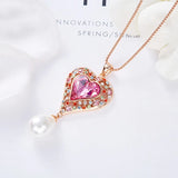 Pink Crystal Heart Pearl Necklace Rose Plated Pendant