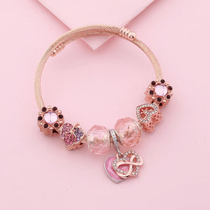 Pink Heart Stainless Steel Charm Bracelet Rose Leaf Flower Bangle