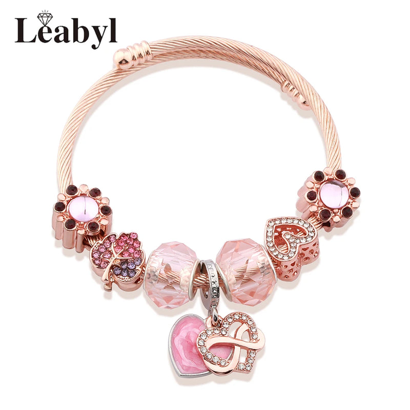Pink Heart Stainless Steel Charm Bracelet Rose Leaf Flower Bangle