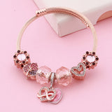 Pink Heart Stainless Steel Charm Bracelet Rose Leaf Flower Bangle