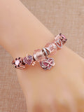 Pink Heart Stainless Steel Charm Bracelet Rose Leaf Flower Bangle