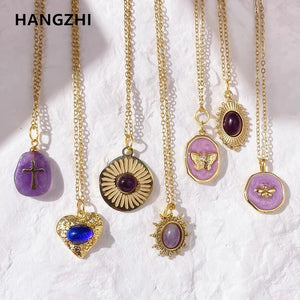 Purple Crystal Necklace Enamel Butterfly Pendant Necklace for Women