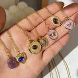 Purple Crystal Necklace Enamel Butterfly Pendant Necklace for Women
