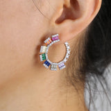 Romantic Rainbow Square CZ Stone Pave Round Geometric Hoop Earring For Women