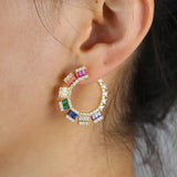 Romantic Rainbow Square CZ Stone Pave Round Geometric Hoop Earring For Women