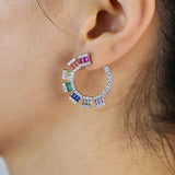 Romantic Rainbow Square CZ Stone Pave Round Geometric Hoop Earring For Women