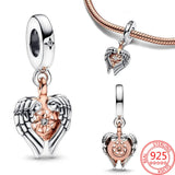 Rose Compass Angel Wings Dangle Charms Silver 925 Bracelet Pendant