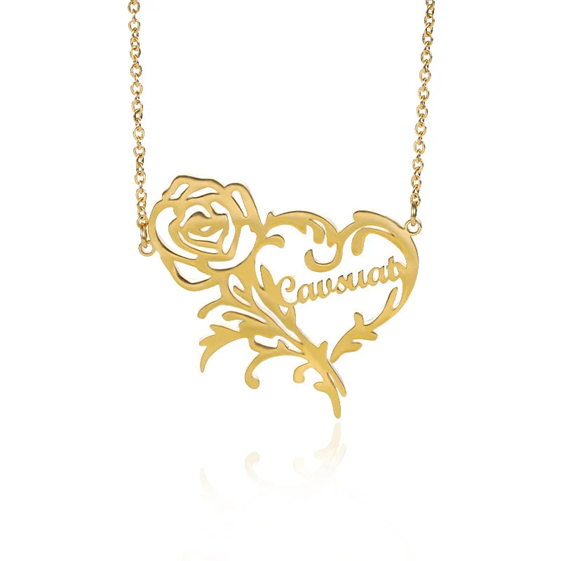 Personalized Rose Heart Name Necklace Stainless Steel Chain