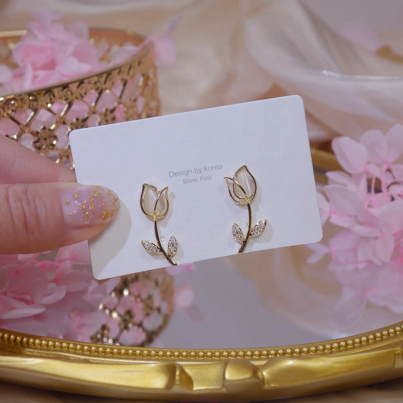 Opal Tulip Flower Earrings S925 Silver Zircon Rose Jewelry