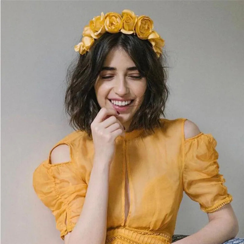 Romantic Flower Yarn Headband Yellow