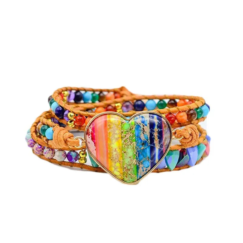 Romantic Spiritual Chakra Leather Wrap Bracelet Mix Stone Heart Shape Jewelry