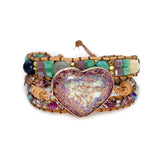 Romantic Spiritual Chakra Leather Wrap Bracelet Mix Stone Heart Shape 3 Strands