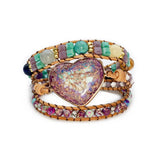 Romantic Spiritual Chakra Leather Wrap Bracelet Mix Stone Heart Shape 3 Strands