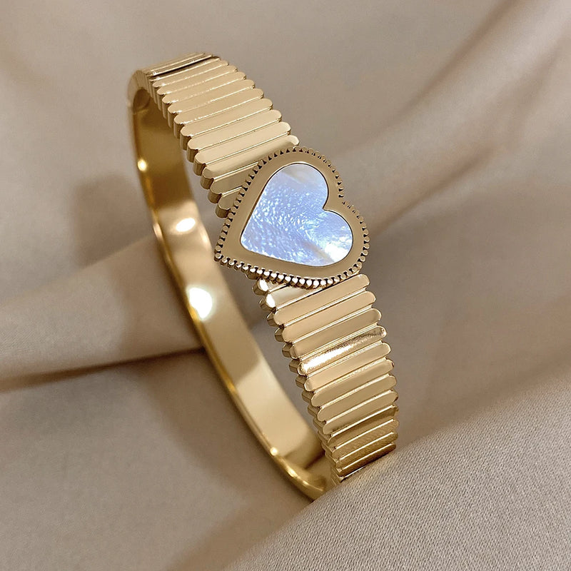 Romantic Stainless Steel Love Bangle Cuff Bracelet Heart Shell Charm Bracelets