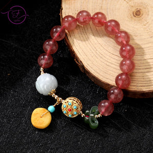 Romantic Strawberry Quartz Charm Bracelet Beaded Bangle