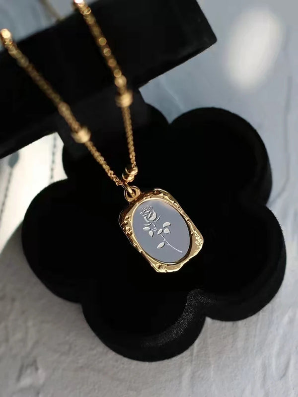 Vintage Rose Women's Necklace Stainless Steel Mirror Square Flower Pendant Chain