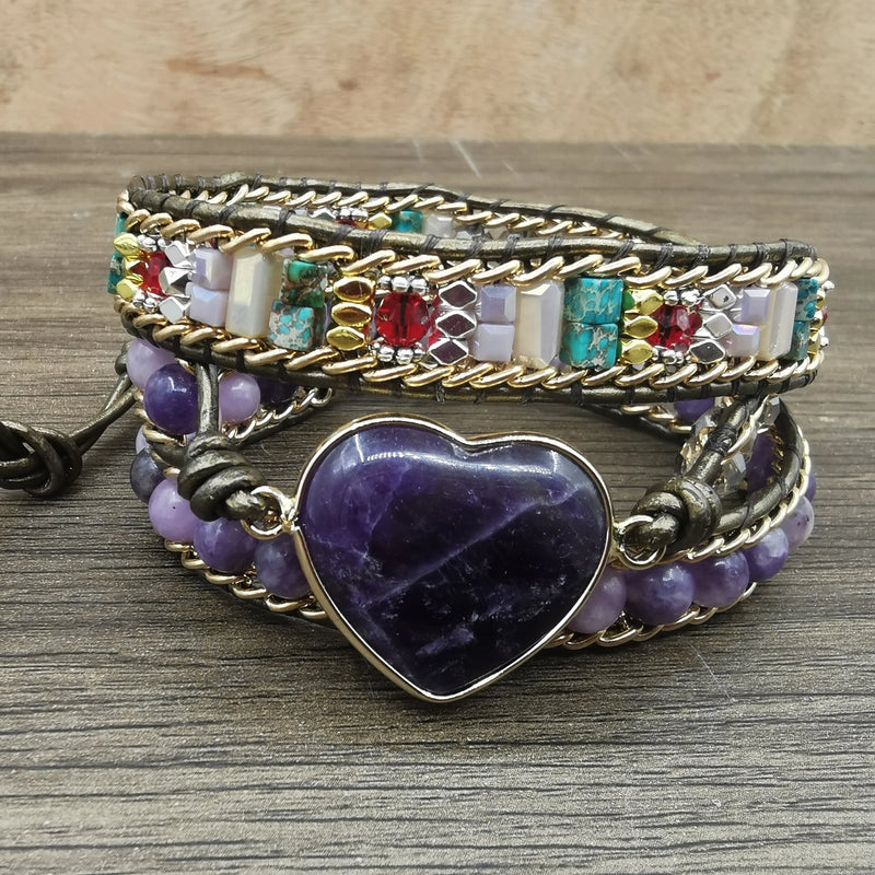 Romantic Violet Leather Wrap Bracelet with Amethysts Heart
