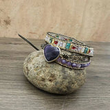 Romantic Violet Leather Wrap Bracelet with Amethysts Heart
