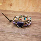 Romantic Violet Leather Wrap Bracelet with Amethysts Heart
