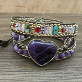 Romantic Violet Leather Wrap Bracelet with Amethysts Heart