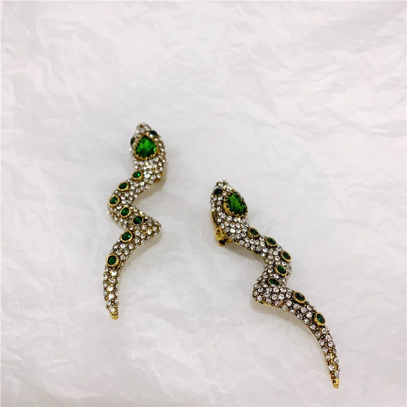 Rongho Vintage Crystal Snake Clip Earrings for Women Hiphop Earring