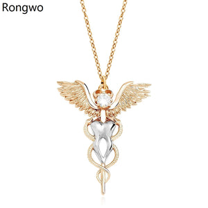 Caduceus Tooth Wing Pendant Necklace Crystal Medical Dental Dentist Jewelry