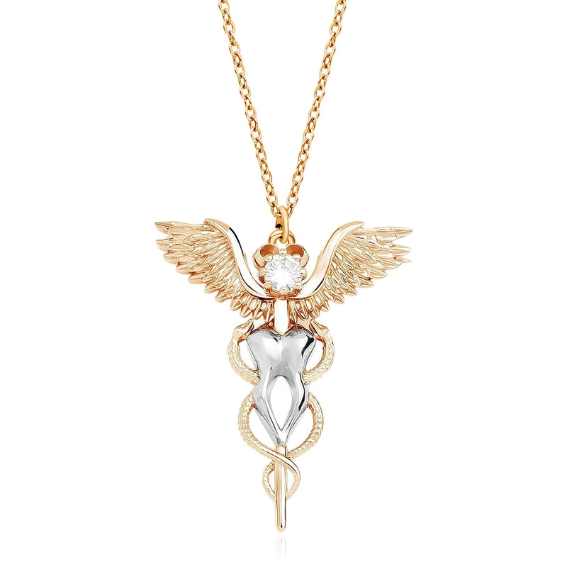 Caduceus Tooth Wing Pendant Necklace Crystal Medical Dental Dentist Jewelry