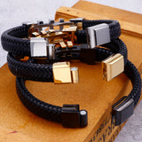 Rope Chain Wrap Leather Bracelet Stainless Steel Charm Bracelets Male Jewelry