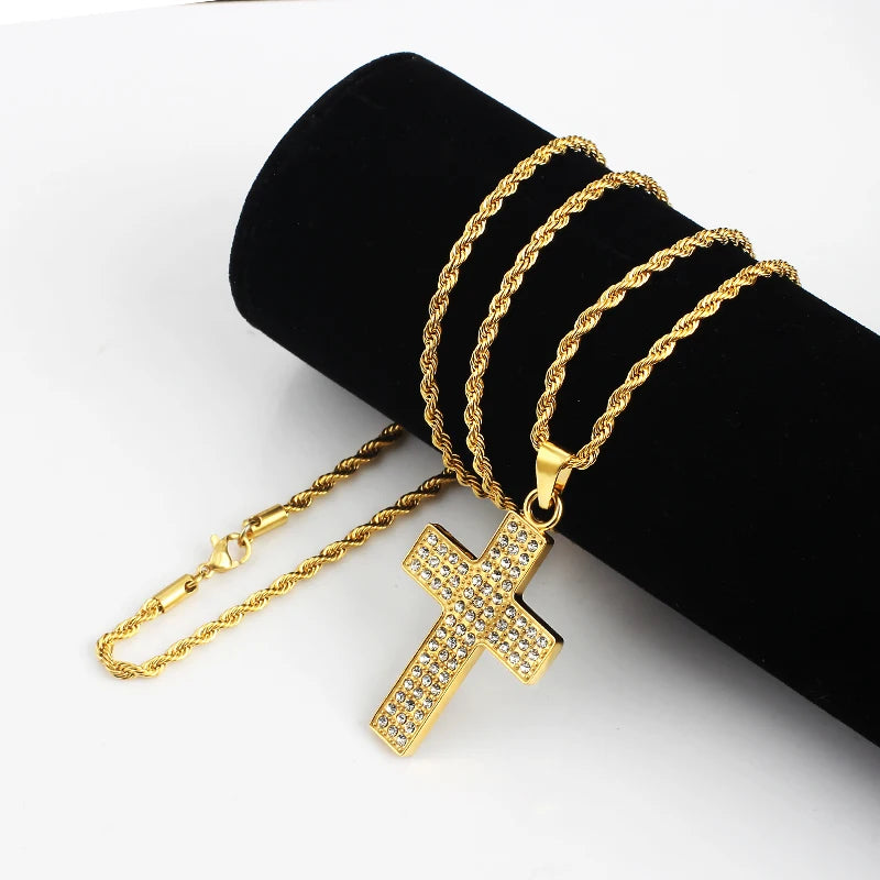 Cross Crystal Pendant Necklace Twisted Chain Punk Stainless Steel Necklaces