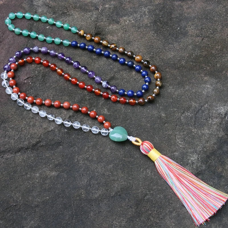 108 Gemstone Beads Rosary Bracelet with Tassels for Healing