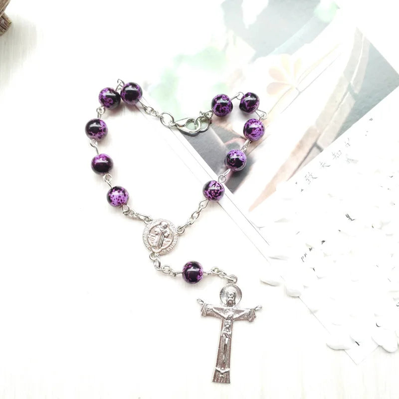 Cross Crucifix Saint Benedict Charms Purple Glass Rosary Bracelet
