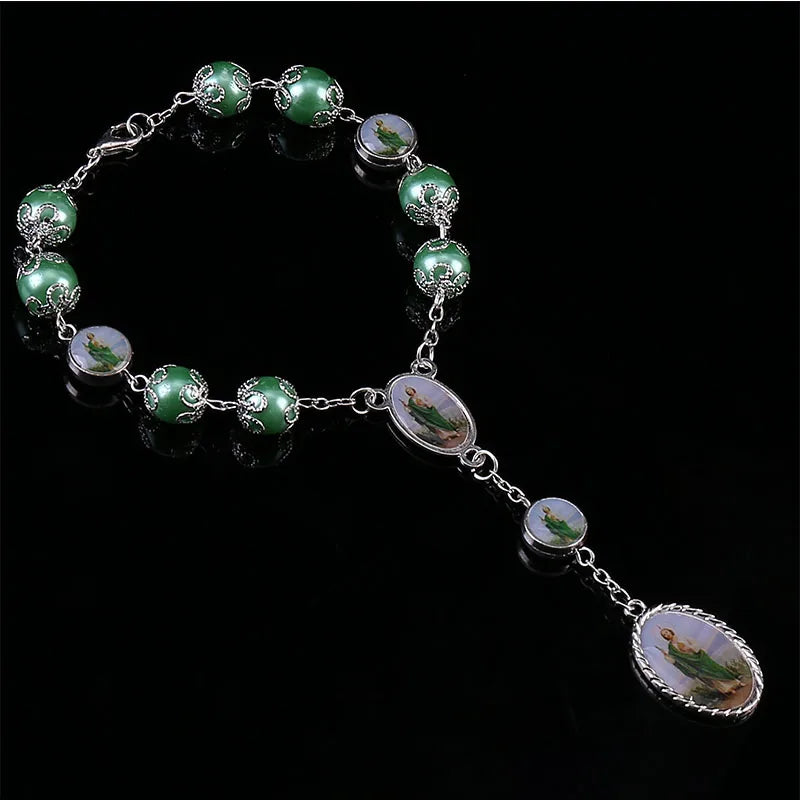 Green St. Jude Pearl Rosary Bracelet