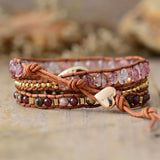Rose 3 Strand Teardrop Wrap Bracelet Natural Stones Quartz Beaded Leather Cord