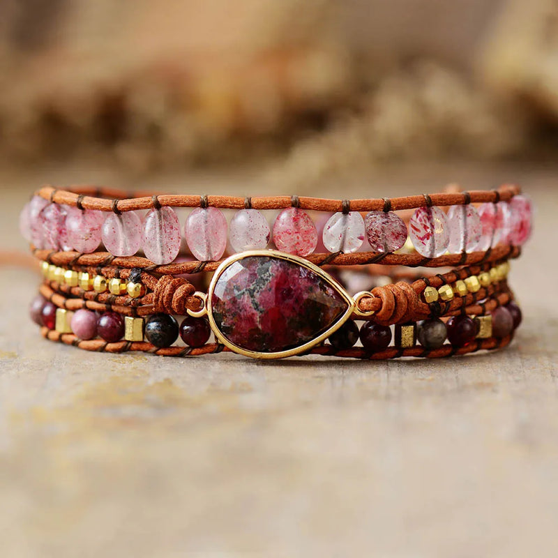 Rose 3 Strand Teardrop Wrap Bracelet Natural Stones Quartz Beaded Leather Cord