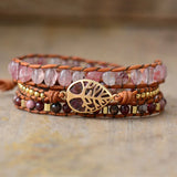 Rose 3 Strand Teardrop Wrap Bracelet Natural Stones Quartz Beaded Leather Cord