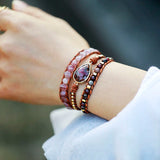Rose 3 Strand Teardrop Wrap Bracelet Natural Stones Quartz Beaded Leather Cord