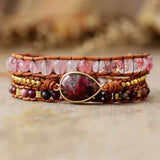 Rose 3 Strand Teardrop Wrap Bracelet Natural Stones Quartz Beaded Leather Cord