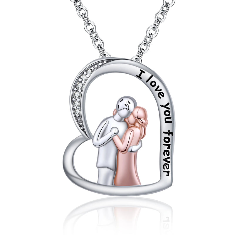 Rose Couple Heart Love Pendant Chain 925 Sterling Silver Husband Wife Necklace