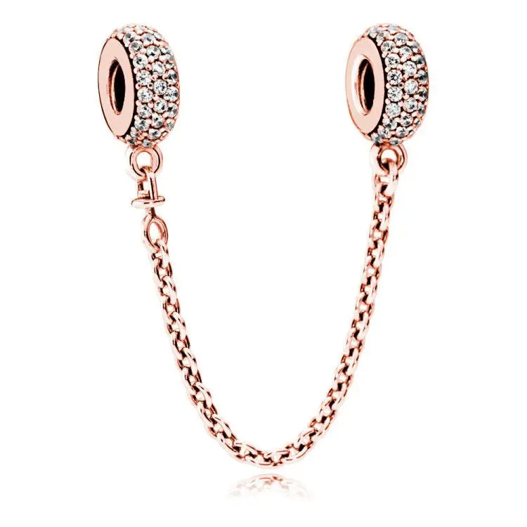 Rose Heart Safety Chain Charm 925 Sterling Silver Beads Bracelet Jewelry