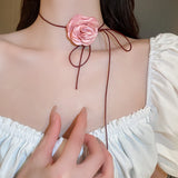 Romantic Rose Flower Choker Necklace Pink String Knot Style