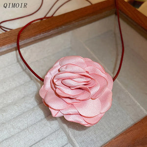 Romantic Rose Flower Choker Necklace Pink String Knot Style