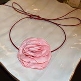 Romantic Rose Flower Choker Necklace Pink String Knot Style