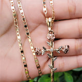 Rose Flower Cross Necklace Floral Pendant Cuban Chain Jewelry