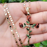 Rose Flower Cross Necklace Floral Pendant Cuban Chain Jewelry