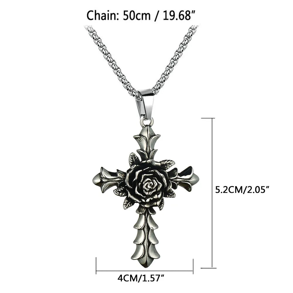 Rose Flower Vintage Stainless Steel Cross Pendant Necklaces for Women Men
