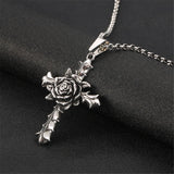 Rose Flower Vintage Stainless Steel Cross Pendant Necklaces for Women Men