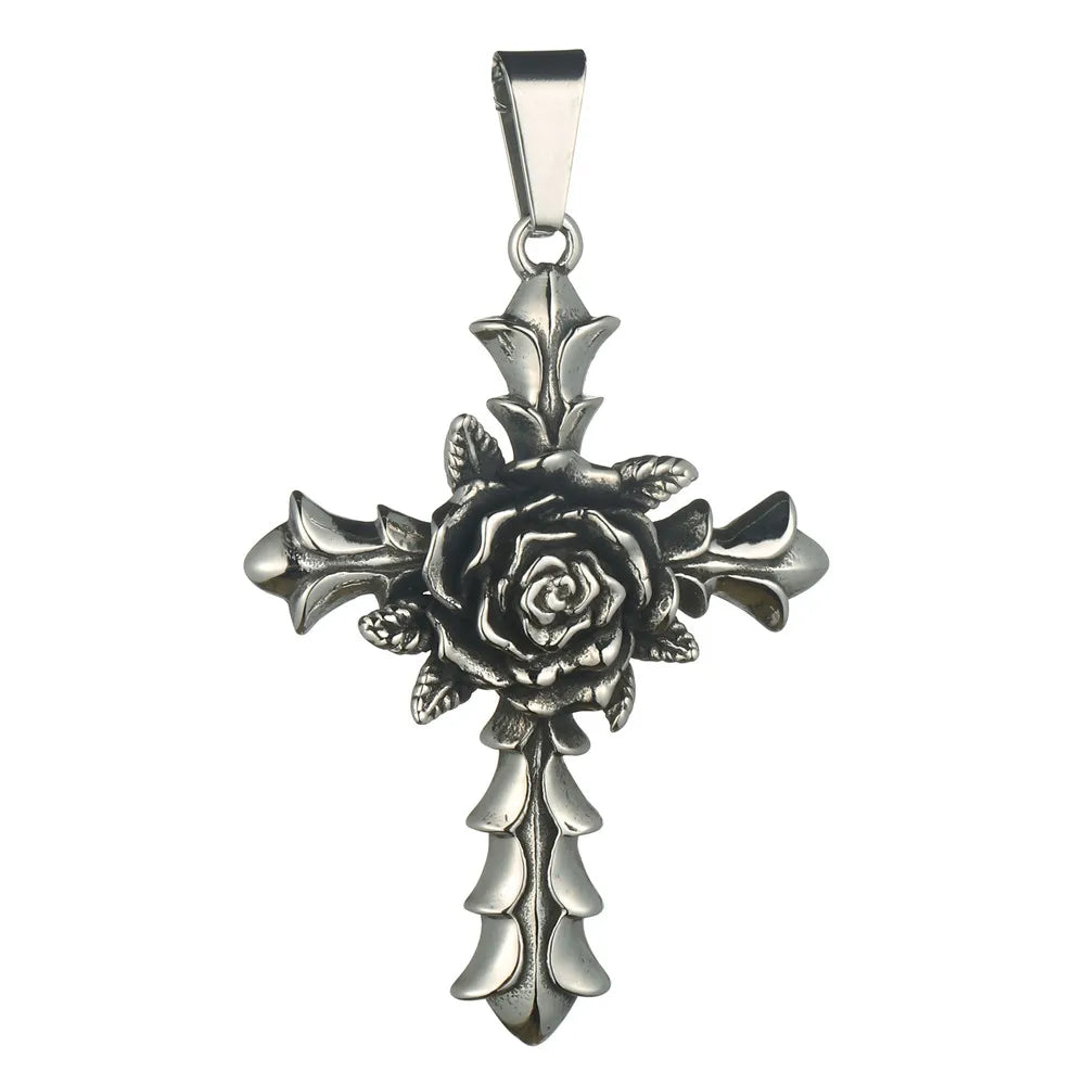 Rose Flower Vintage Stainless Steel Cross Pendant Necklaces for Women Men